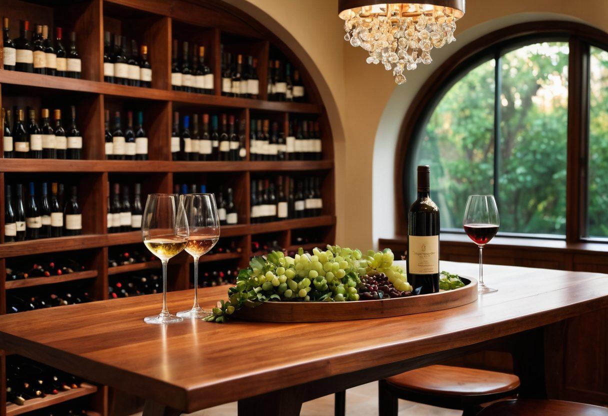 A sophisticated wine cellar filled with exquisite bottles of premium wine, elegantly arranged in wooden racks. A golden corkscrew and a crystal wine glass sit on a polished mahogany table, reflecting soft ambient light. Lush greenery and a vintage wine barrel add charm to the setting, conveying a sense of luxury and refinement. The scene should evoke an atmosphere of celebration and connoisseurship. super-realistic. rich colors. warm lighting.