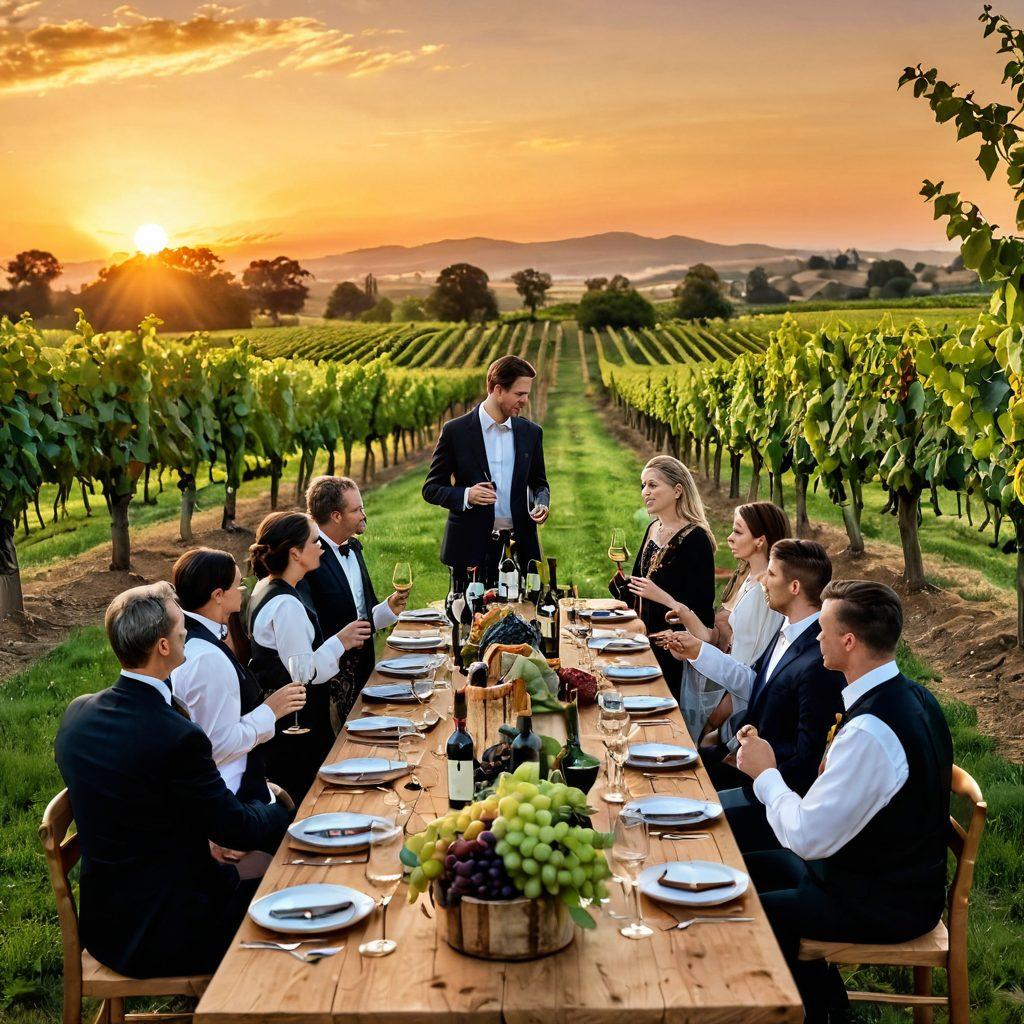 A stunning vineyard landscape with rows of lush grapevines transitioning from vintage wooden barrels to modern organic wine bottles. A group of elegantly dressed people gather around a tasting table adorned with a selection of premium wines and charcuterie. In the background, a warm sunset casts a golden hue over the scene, emphasizing the journey from tradition to modernity. The atmosphere is inviting and sophisticated, perfect for wine lovers. vibrant colors. super-realistic.