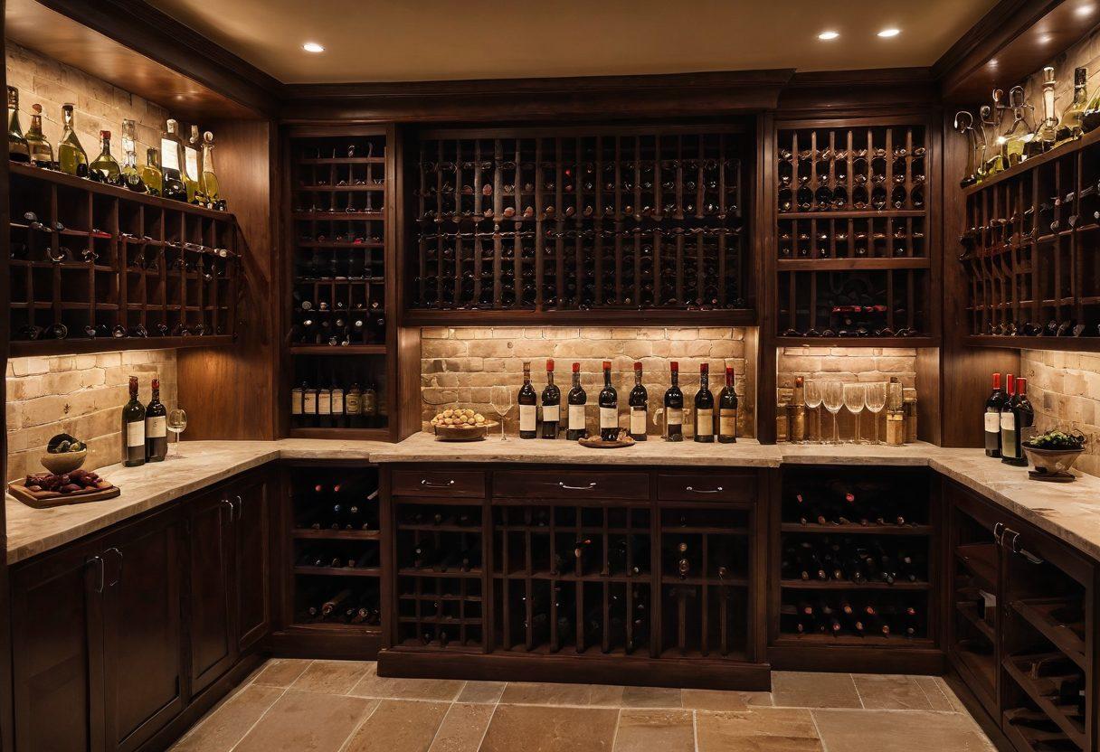 A beautifully arranged wine cellar showcasing elegant wooden wine racks filled with various wine bottles, complemented by exquisite wine glasses and essential wine accessories like corkscrews and decanters. Soft ambient lighting casts a warm glow, emphasizing the luxurious atmosphere of wine appreciation. Include a rustic tasting table adorned with a wine bottle and a cheese platter for a complete experience. super-realistic. warm tones. sophisticated atmosphere.